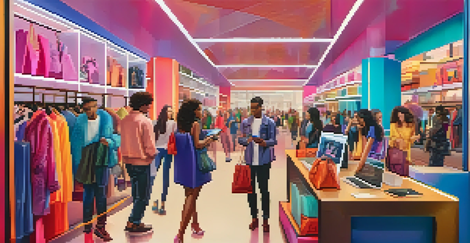 A group of diverse individuals actively shopping online with smartphones and laptops, surrounded by a colorful virtual fashion storefront.