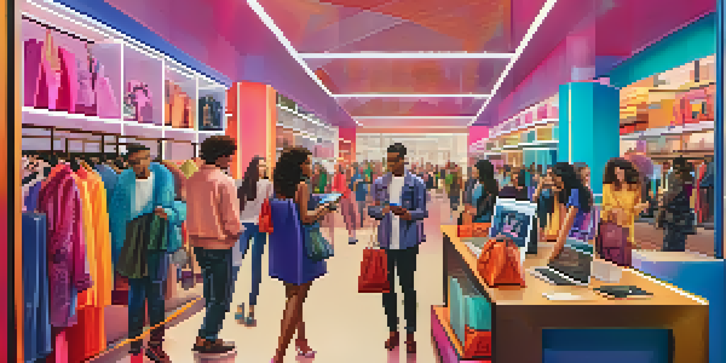 A group of diverse individuals actively shopping online with smartphones and laptops, surrounded by a colorful virtual fashion storefront.