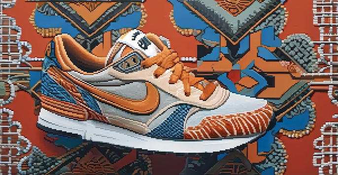 A close-up view of a celebrity-designed sneaker, focusing on its intricate patterns and textures, against a contrasting background.