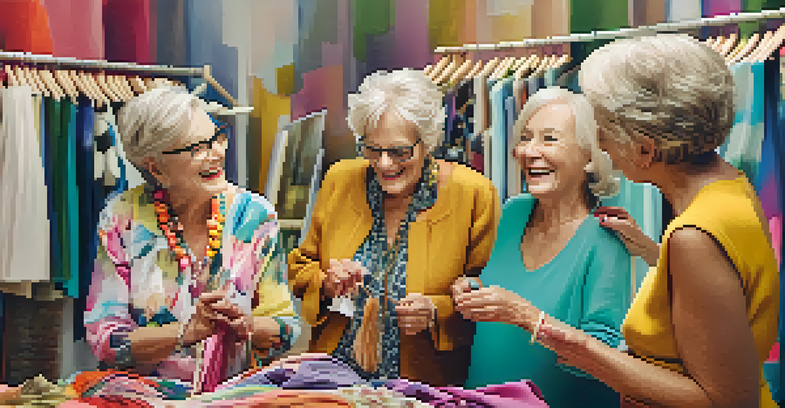 A diverse group of older adults participating in a fashion workshop, exploring colorful fabrics and accessories with smiles and laughter.