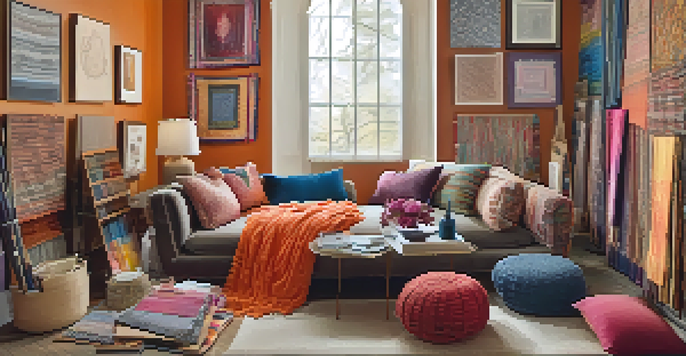 A gallery filled with colorful fabrics, with a designer sketching fabric designs surrounded by textile swatches.