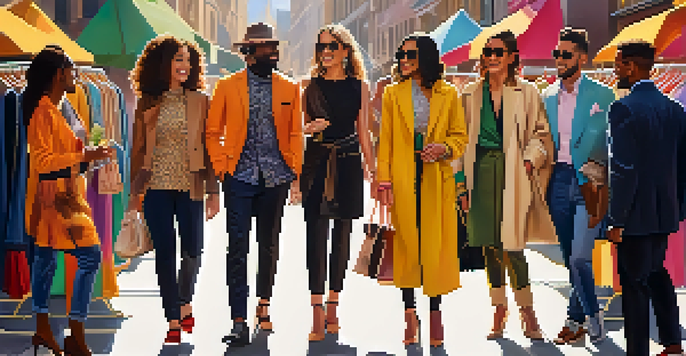 A lively gathering of diverse fashion influencers discussing styles among colorful clothing racks, with sunlight illuminating the scene.