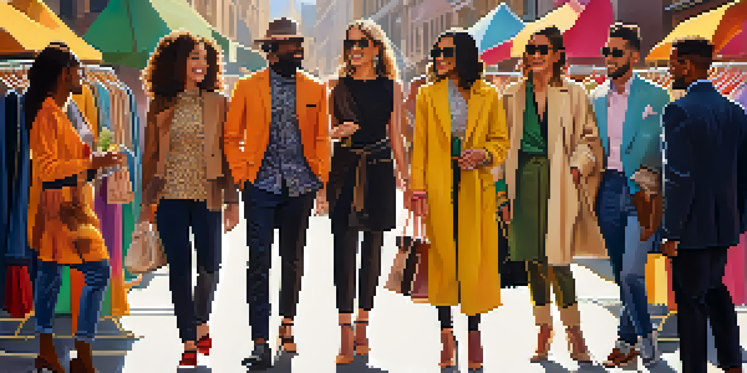 A lively gathering of diverse fashion influencers discussing styles among colorful clothing racks, with sunlight illuminating the scene.