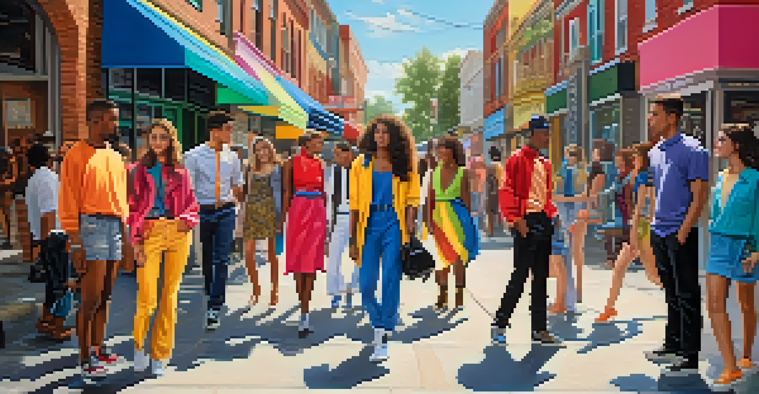 Young adults in fashionable outfits inspired by a television show, posing in a lively street scene.