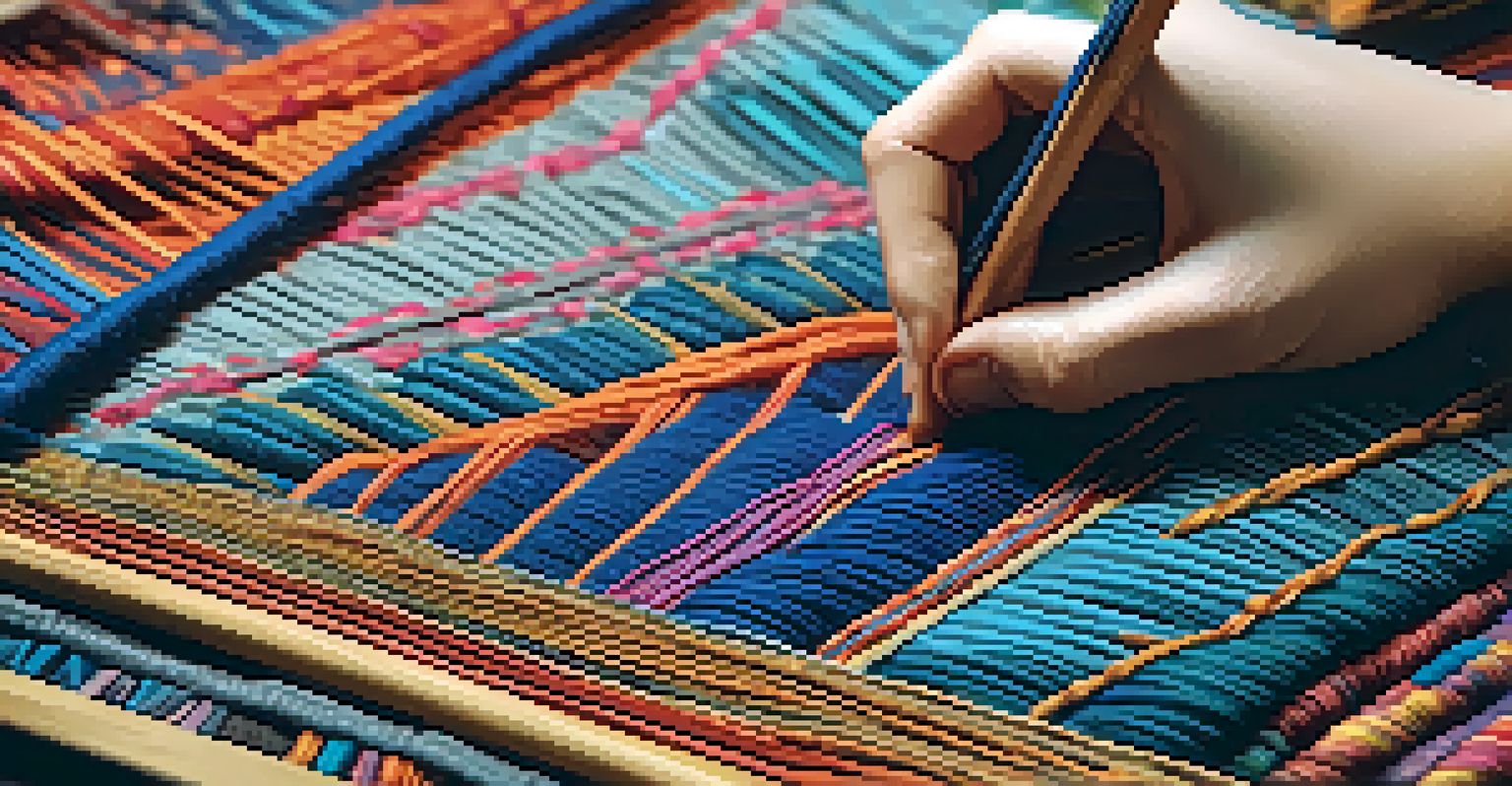 Close-up of hands weaving intricate patterns on a textile, showcasing a blend of traditional designs and modern aesthetics.