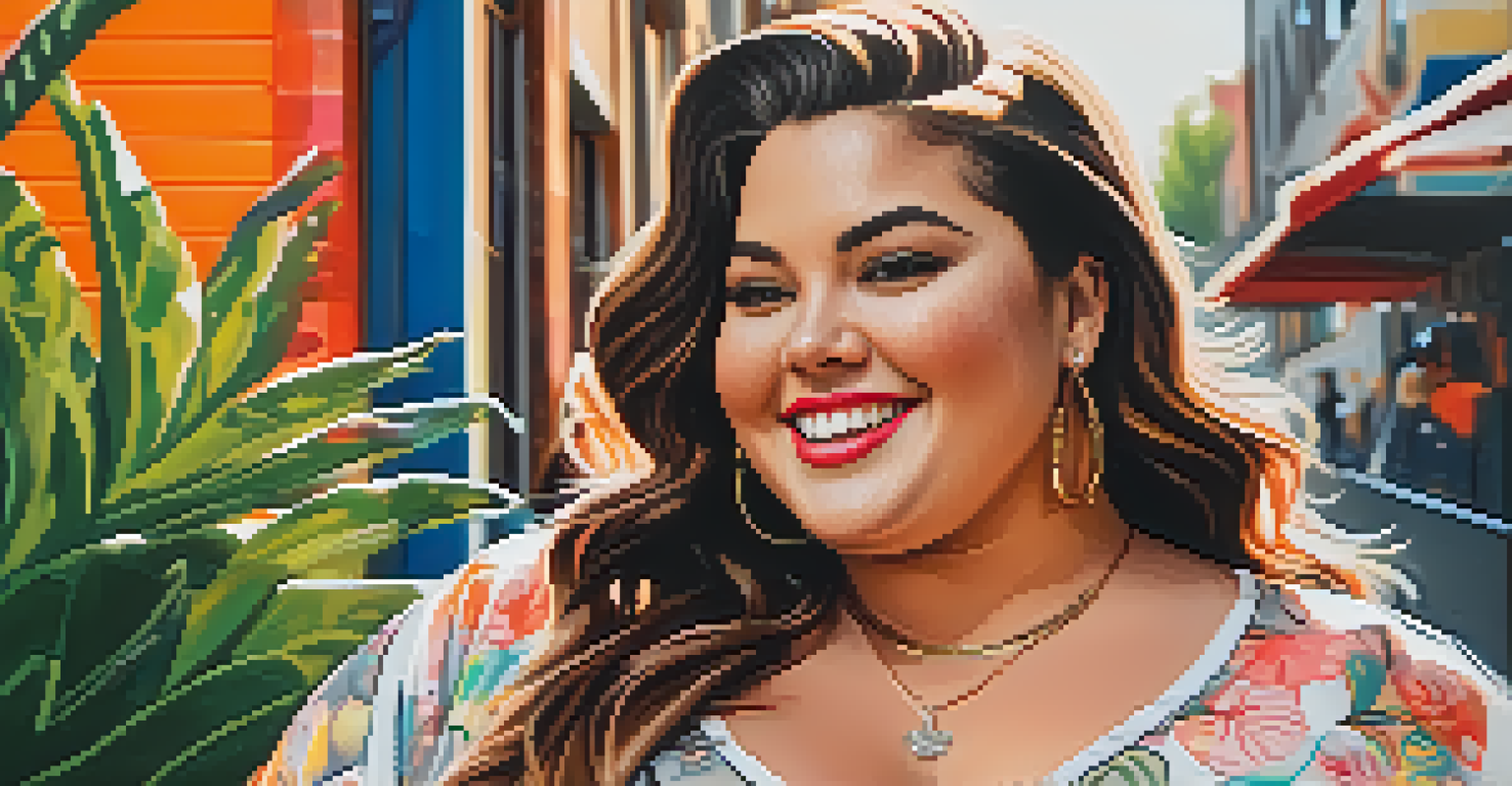 A confident plus-size influencer in a trendy outfit, smiling in front of vibrant street art.
