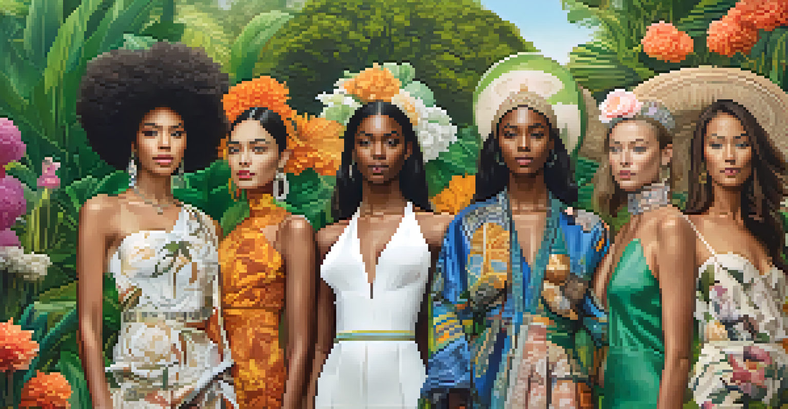 Diverse fashion models showcase outfits inspired by various cultures in a vibrant garden, celebrating inclusivity and cultural heritage.