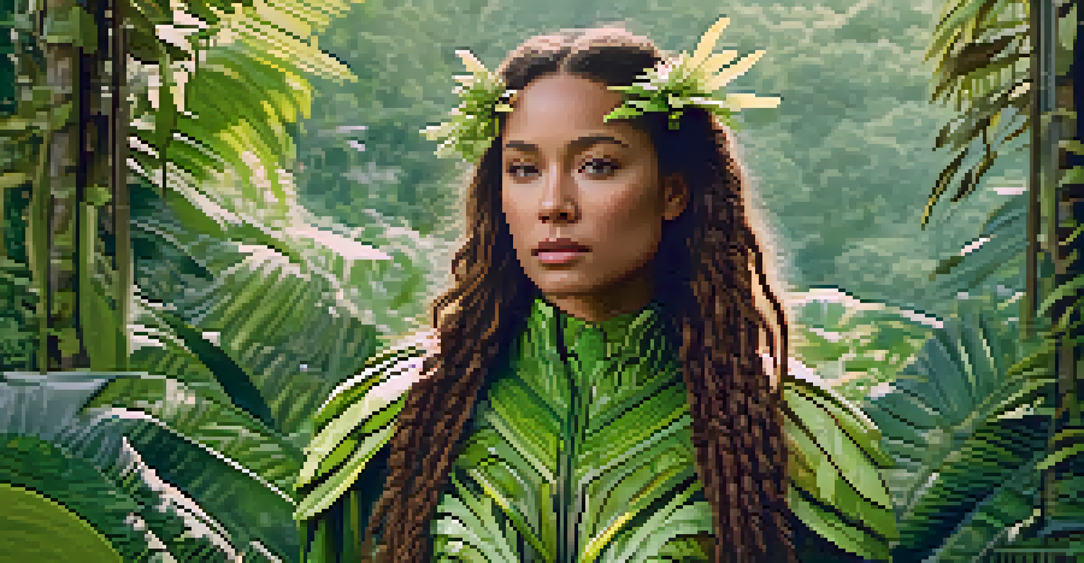 A close-up of a character wearing a sustainable outfit made from upcycled materials in a lush green setting, with soft lighting emphasizing the fabric textures.