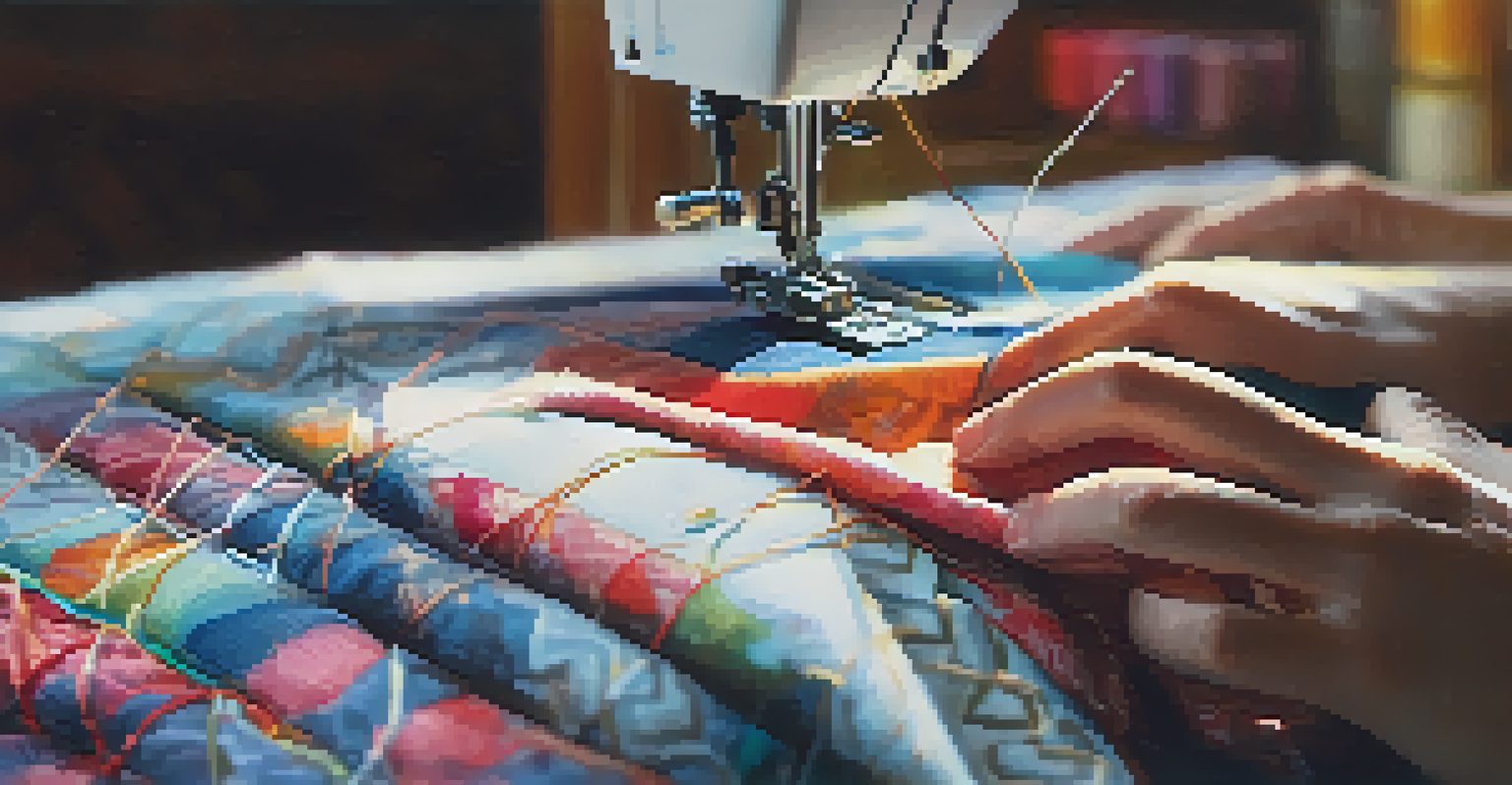 A close-up of hands mending colorful clothing with a needle and thread, highlighting sewing textures and details in natural light.