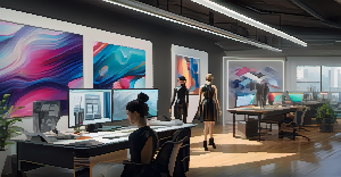 A fashion design studio with advanced technology, showcasing a designer working with AI tools and colorful fabric samples.
