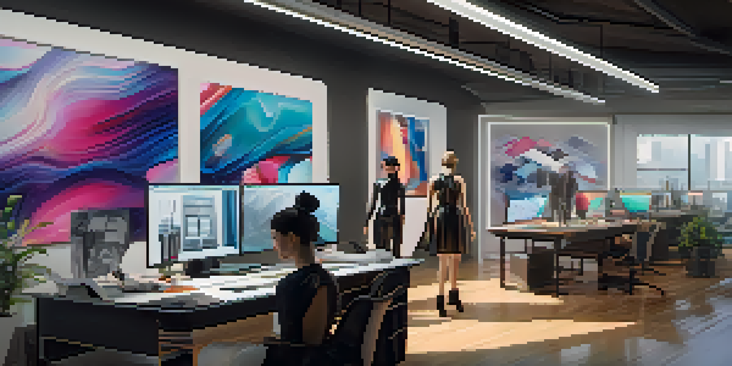 A fashion design studio with advanced technology, showcasing a designer working with AI tools and colorful fabric samples.