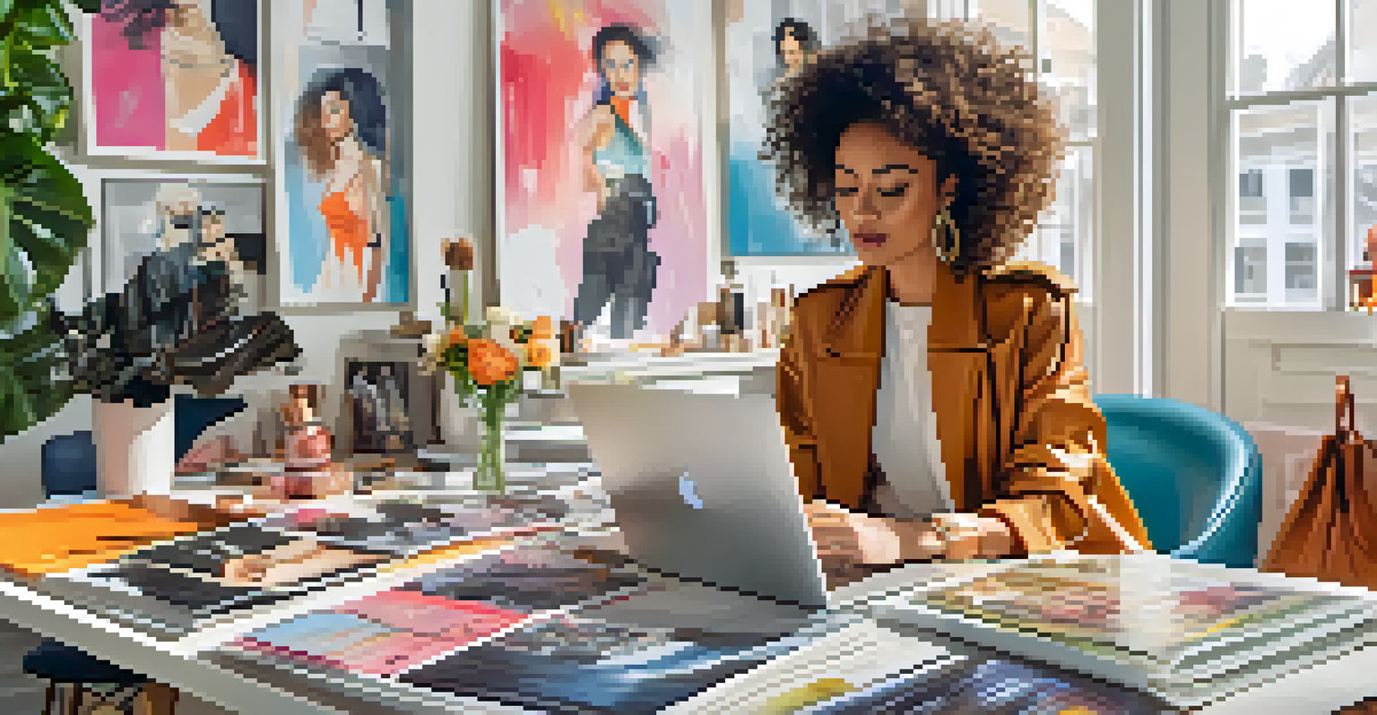 A fashion influencer in a modern studio with magazines and a laptop, creating content.