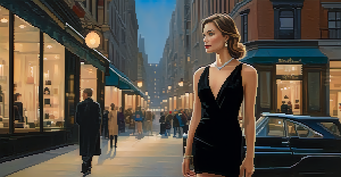 A woman in a little black dress stands confidently in an urban setting, surrounded by city lights and boutiques.