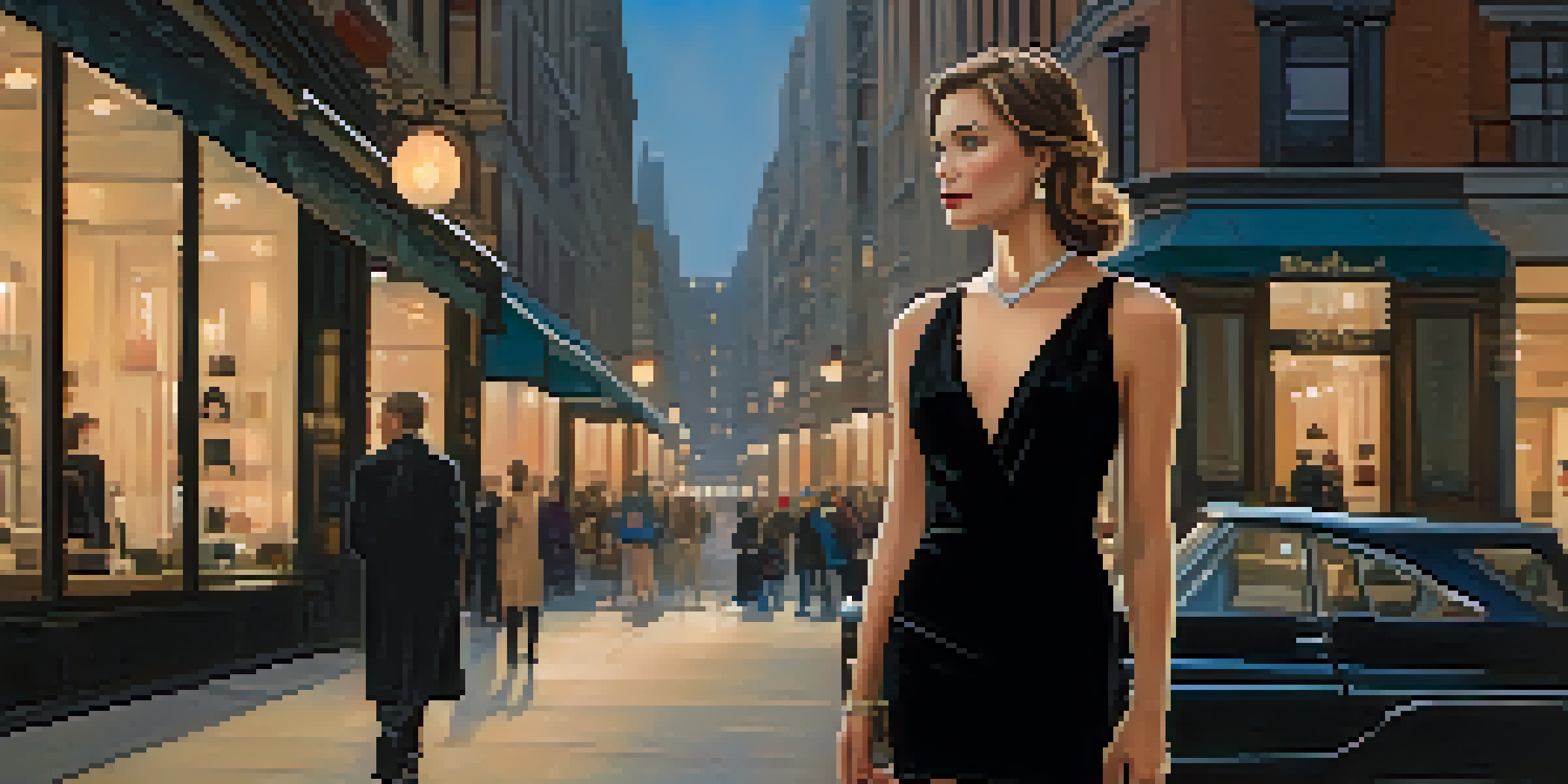 A woman in a little black dress stands confidently in an urban setting, surrounded by city lights and boutiques.