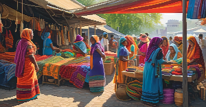 A lively marketplace with women artisans creating beautiful handmade goods under a colorful canopy of fabrics.