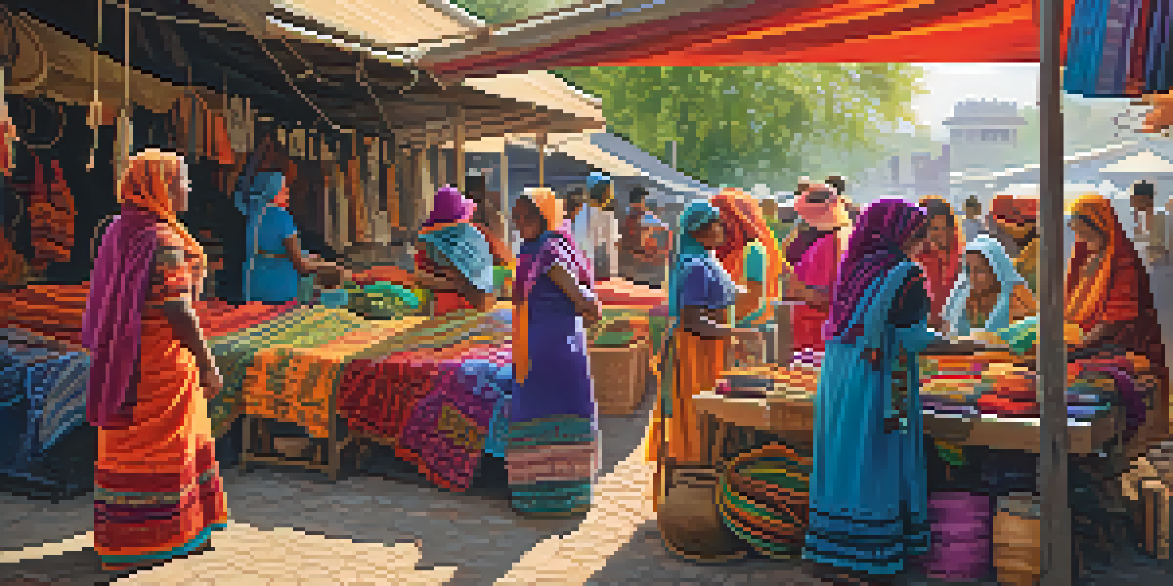 A lively marketplace with women artisans creating beautiful handmade goods under a colorful canopy of fabrics.