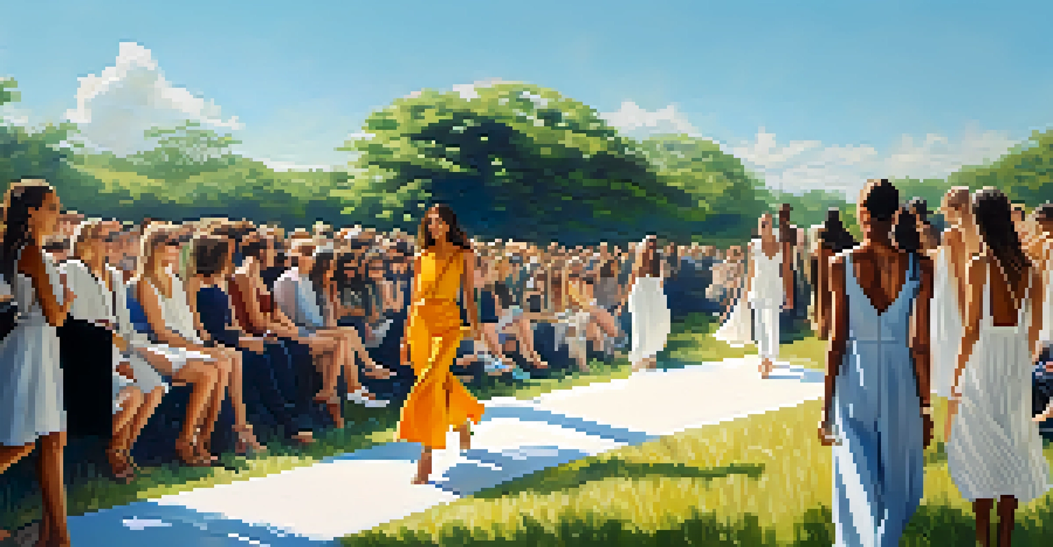 Diverse models showcasing sustainable fashion on an outdoor runway, surrounded by an engaged audience and greenery under a clear blue sky.