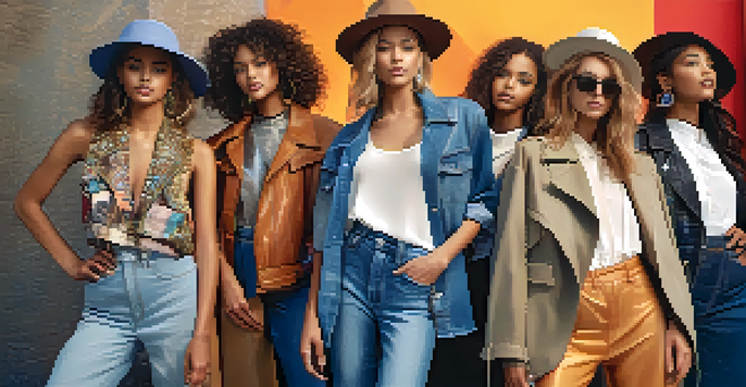 A diverse group of models wearing trendy outfits in an urban setting during golden hour, with various textures and accessories displayed.