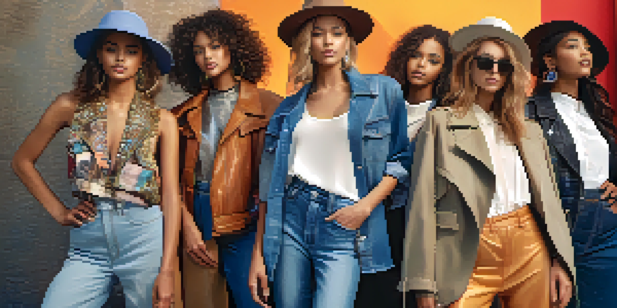 A diverse group of models wearing trendy outfits in an urban setting during golden hour, with various textures and accessories displayed.
