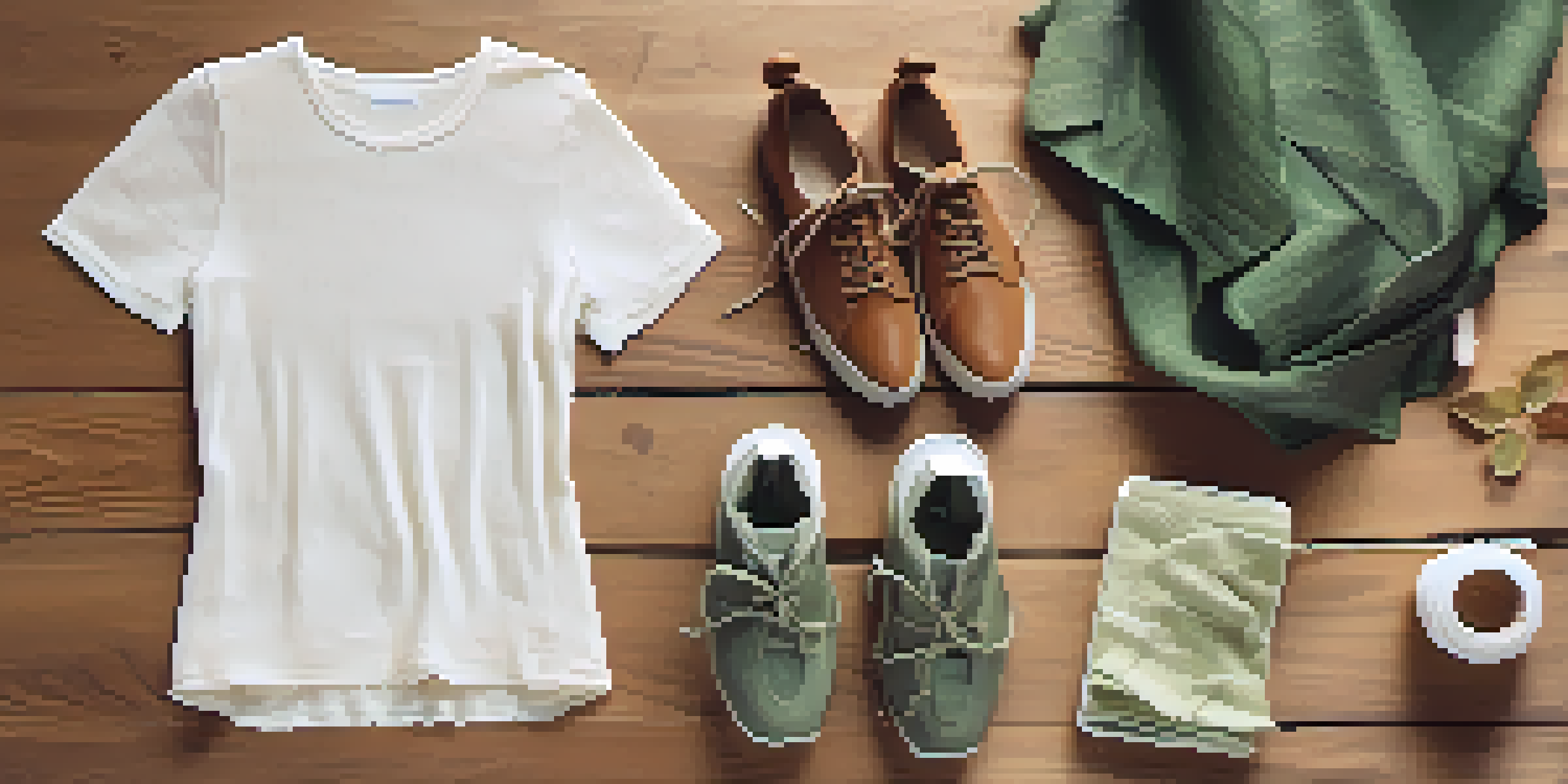 A flat lay of eco-friendly fashion items including clothing, biodegradable shoes, and recycled accessories on a wooden table, illuminated by natural sunlight.