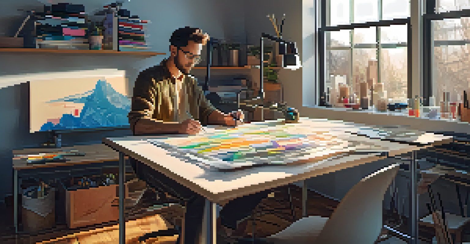 A designer in a modern studio, working with a 3D printer amidst colorful filaments and sketches, illuminated by warm sunlight.