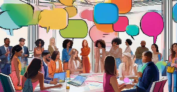 A diverse group of stylish individuals engaged in discussions on a digital fashion forum, with colorful fashion images visible on the screen.