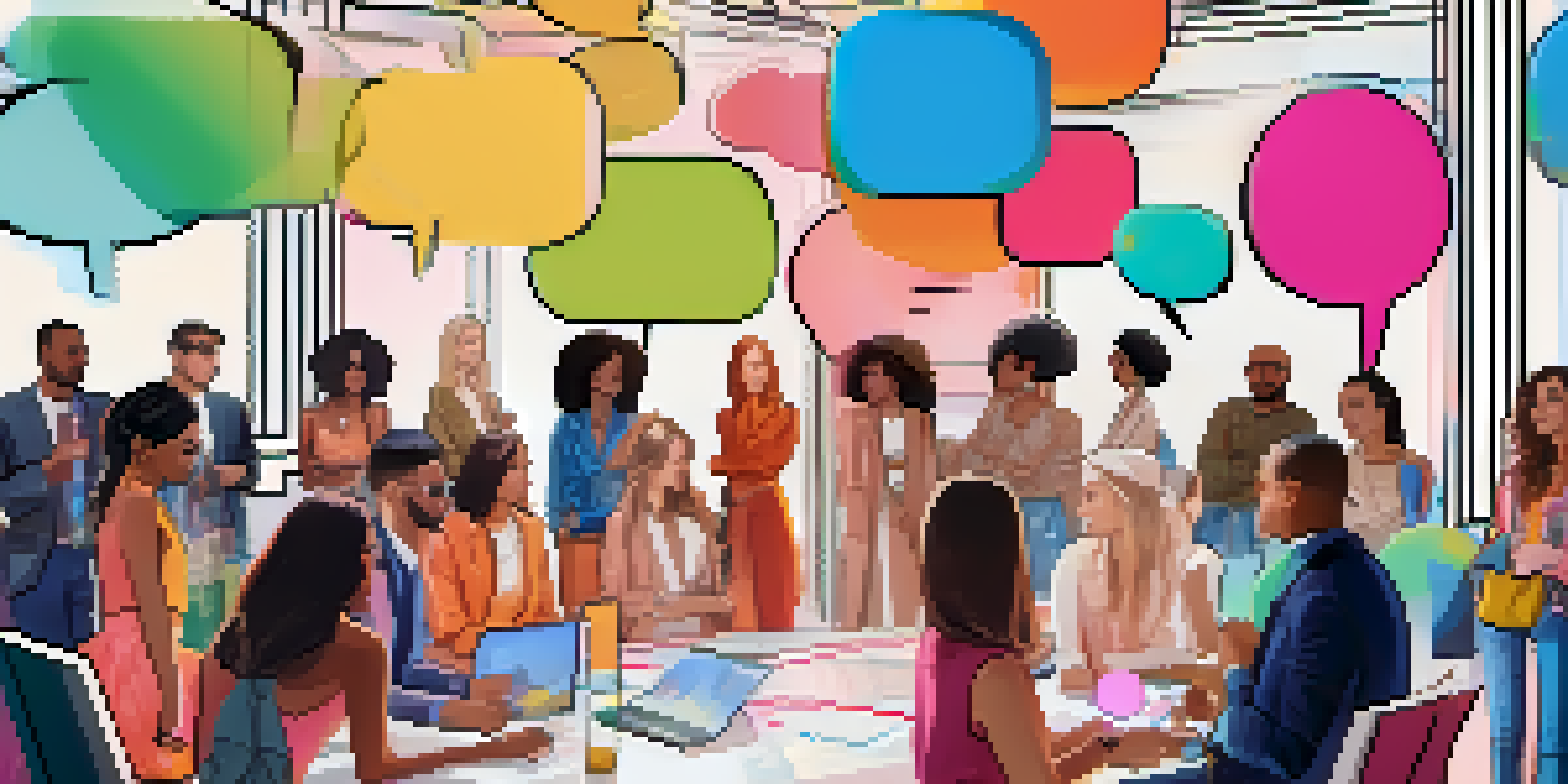 A diverse group of stylish individuals engaged in discussions on a digital fashion forum, with colorful fashion images visible on the screen.