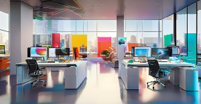 A modern office space of a fashion tech startup, with designers working on high-tech gadgets and collaborative design.