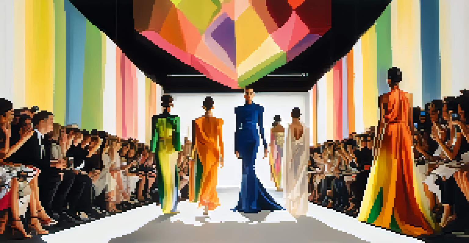 Models on a runway at Paris Fashion Week displaying artistic fashion, with dynamic lighting and an engaged audience capturing the moment.