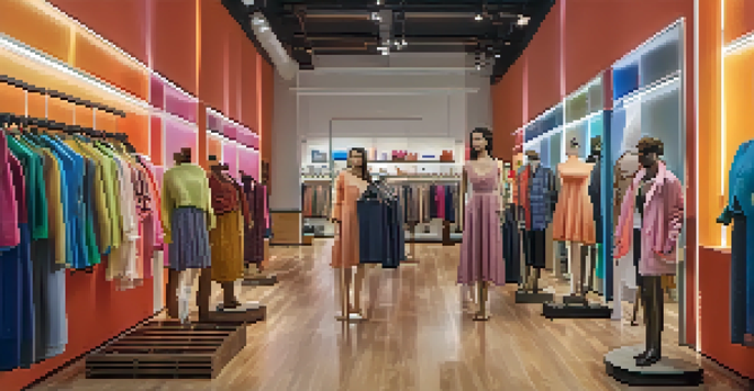 A fashion retail store with diverse mannequins of different body shapes dressed in colorful outfits, highlighting inclusivity in fashion.