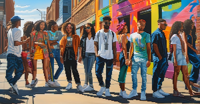 A lively urban street scene with individuals of various genders and ethnicities in unisex fashion, surrounded by colorful graffiti.