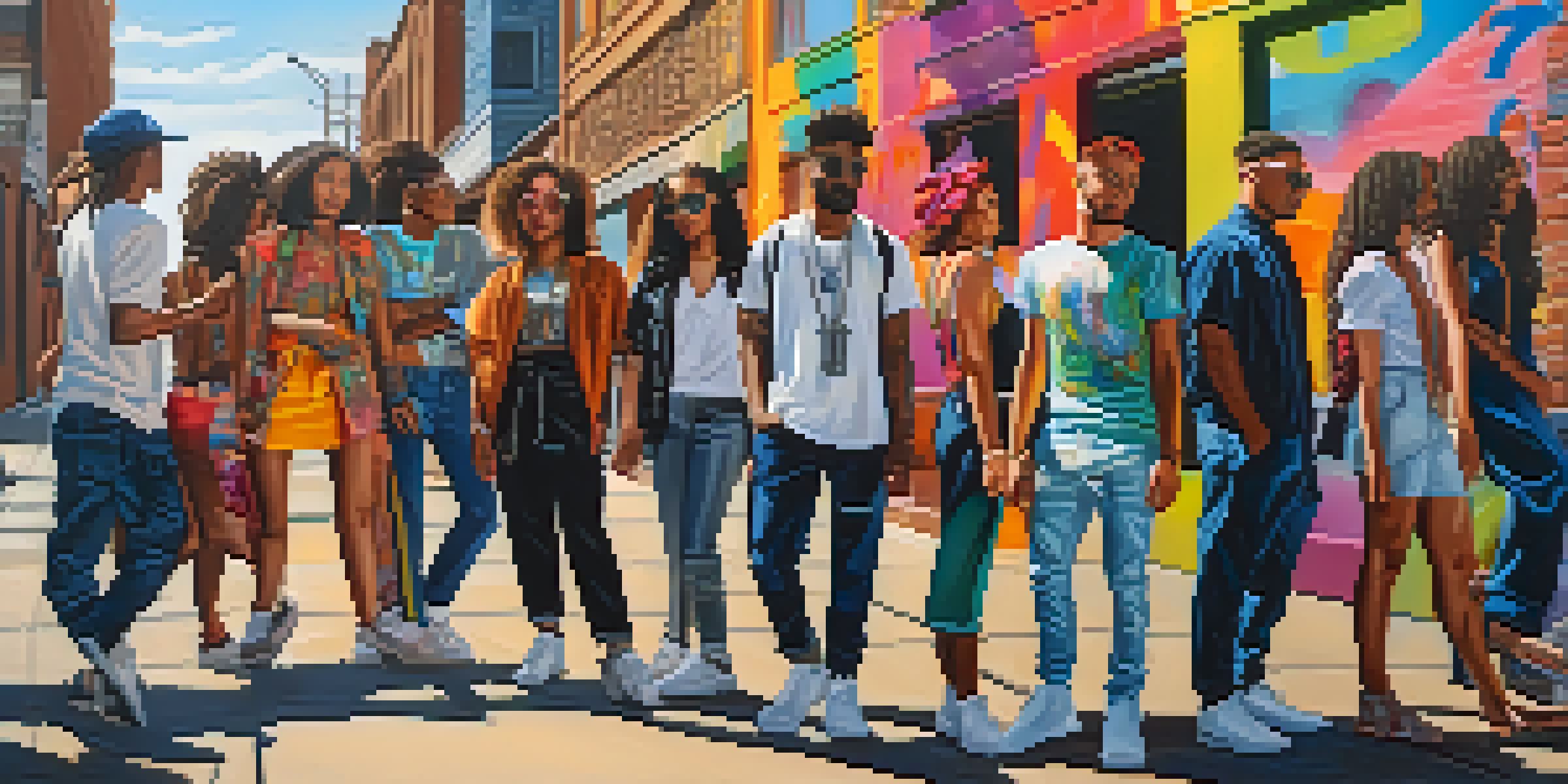 A lively urban street scene with individuals of various genders and ethnicities in unisex fashion, surrounded by colorful graffiti.