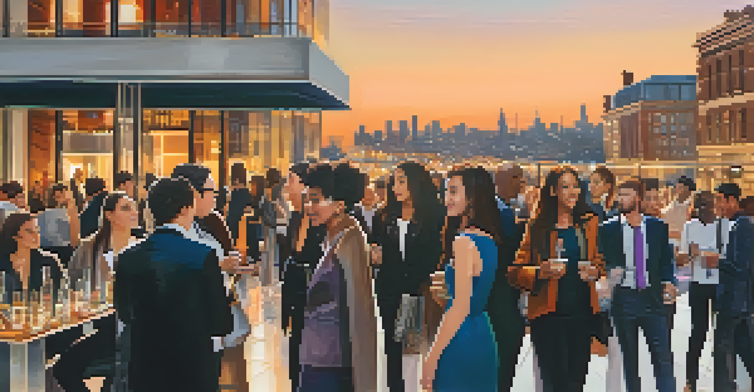 A vibrant outdoor networking event with fashion students and professionals in stylish outfits conversing in a city setting.