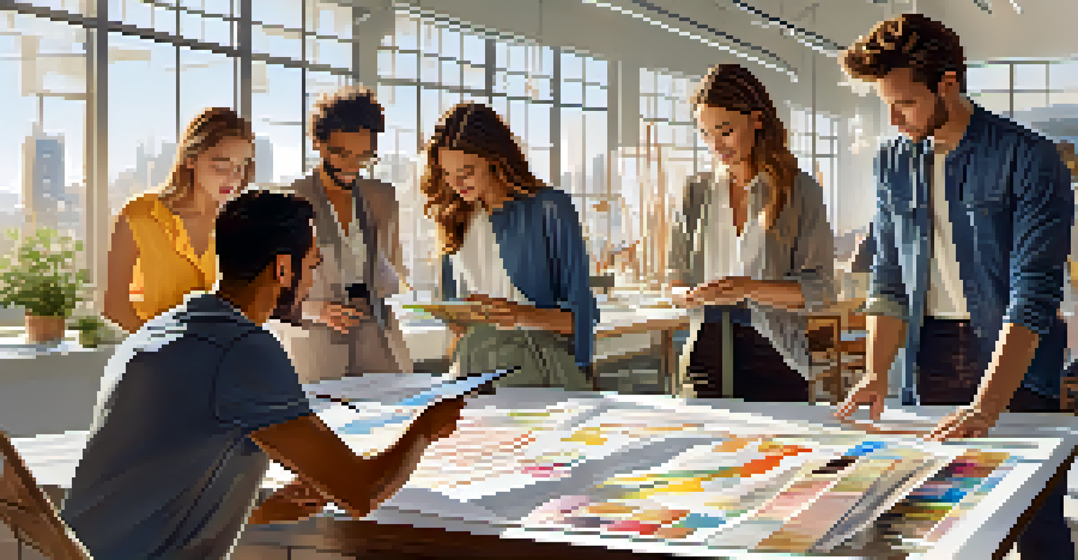 A fashion designer collaborating with a team in a bright studio, discussing ideas and surrounded by fabrics and design tools.