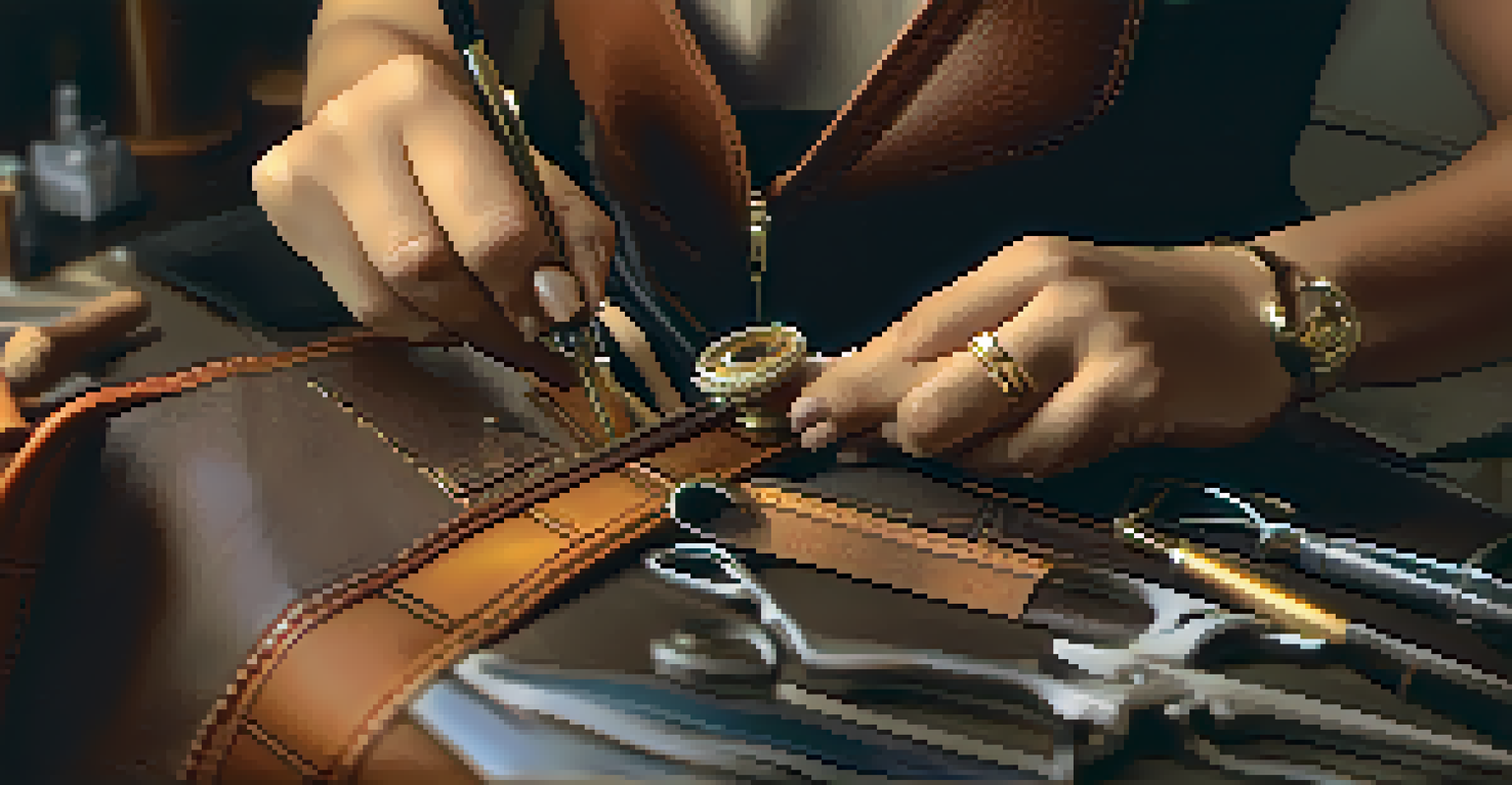 A close-up of an artisan crafting a luxury handbag, emphasizing stitching and materials.