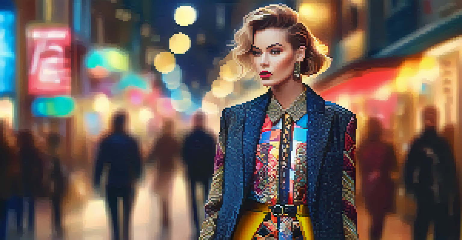 A fashion icon posing in a bold, avant-garde outfit that combines traditional male and female styles against an urban backdrop.