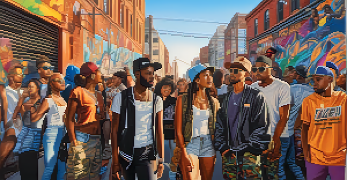 A lively street scene with diverse individuals in trendy streetwear, highlighting social justice messages amidst colorful urban art.