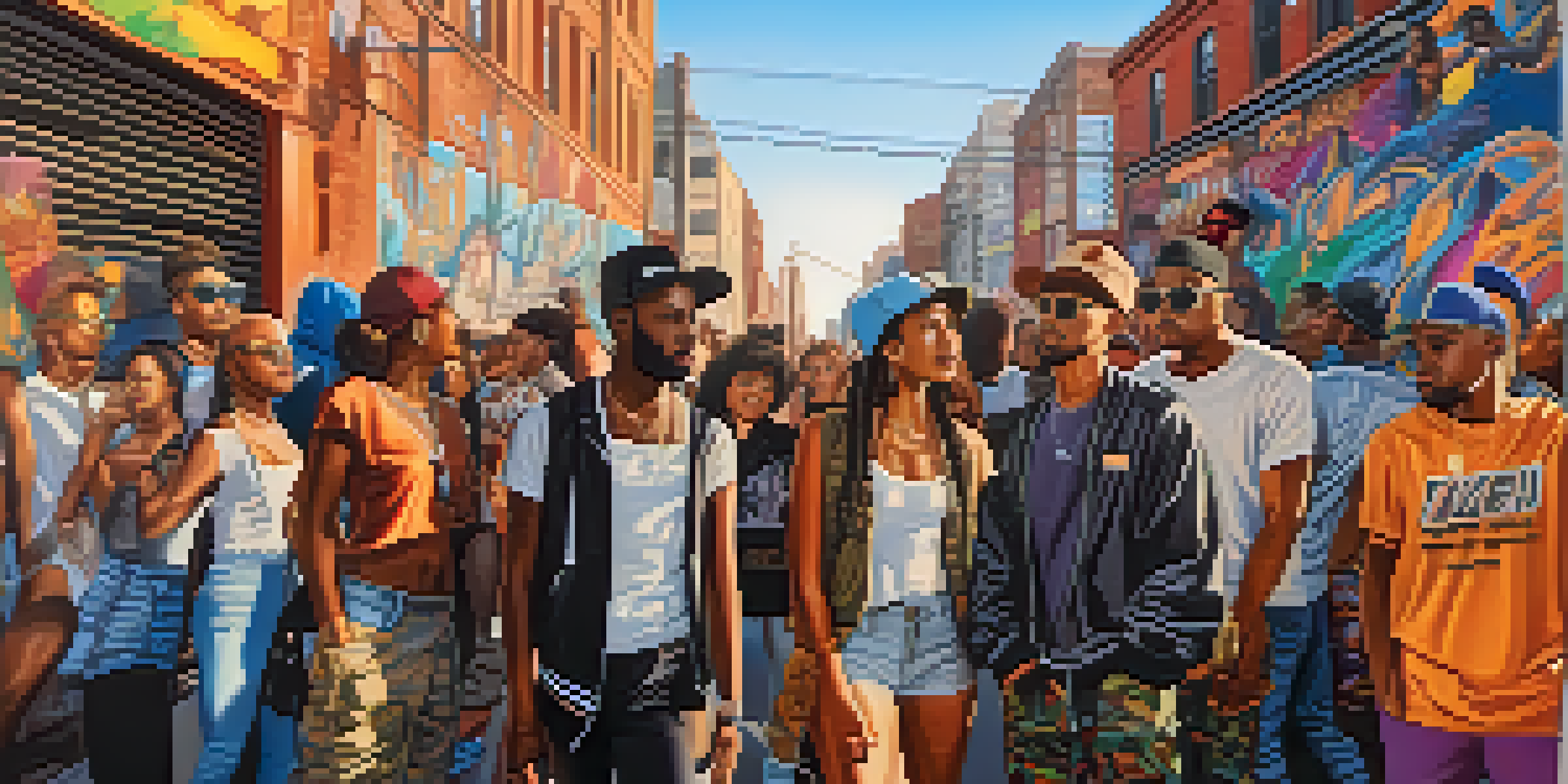 A lively street scene with diverse individuals in trendy streetwear, highlighting social justice messages amidst colorful urban art.