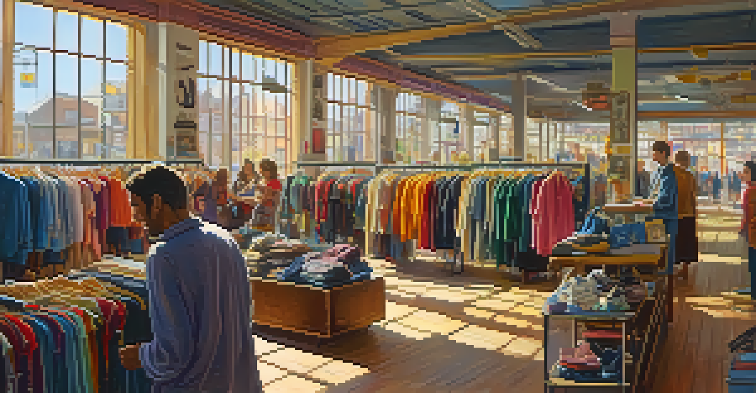 Interior of a thrift store with colorful clothing racks, sunlight streaming through windows, and shoppers exploring unique items.
