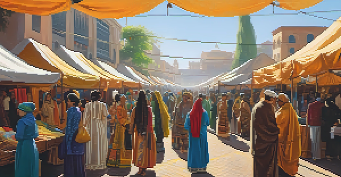 A colorful outdoor fashion market with diverse clothing styles and people interacting, showcasing various cultural influences.