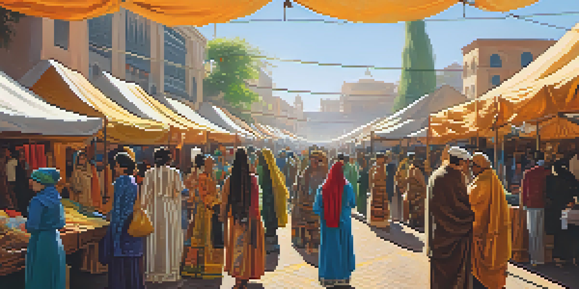 A colorful outdoor fashion market with diverse clothing styles and people interacting, showcasing various cultural influences.