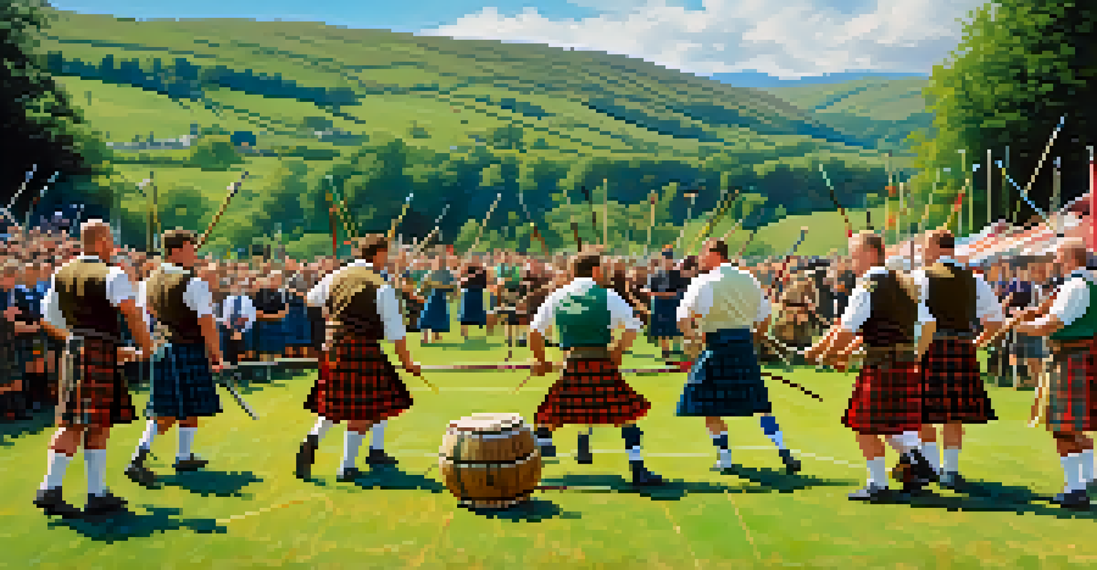 Men in kilts competing in a Highland games event, showcasing vibrant tartan patterns against a picturesque Scottish landscape.