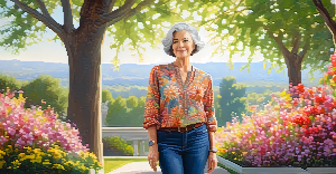 An older woman in a stylish tunic and jeans smiling in a sunny park surrounded by flowers and trees.