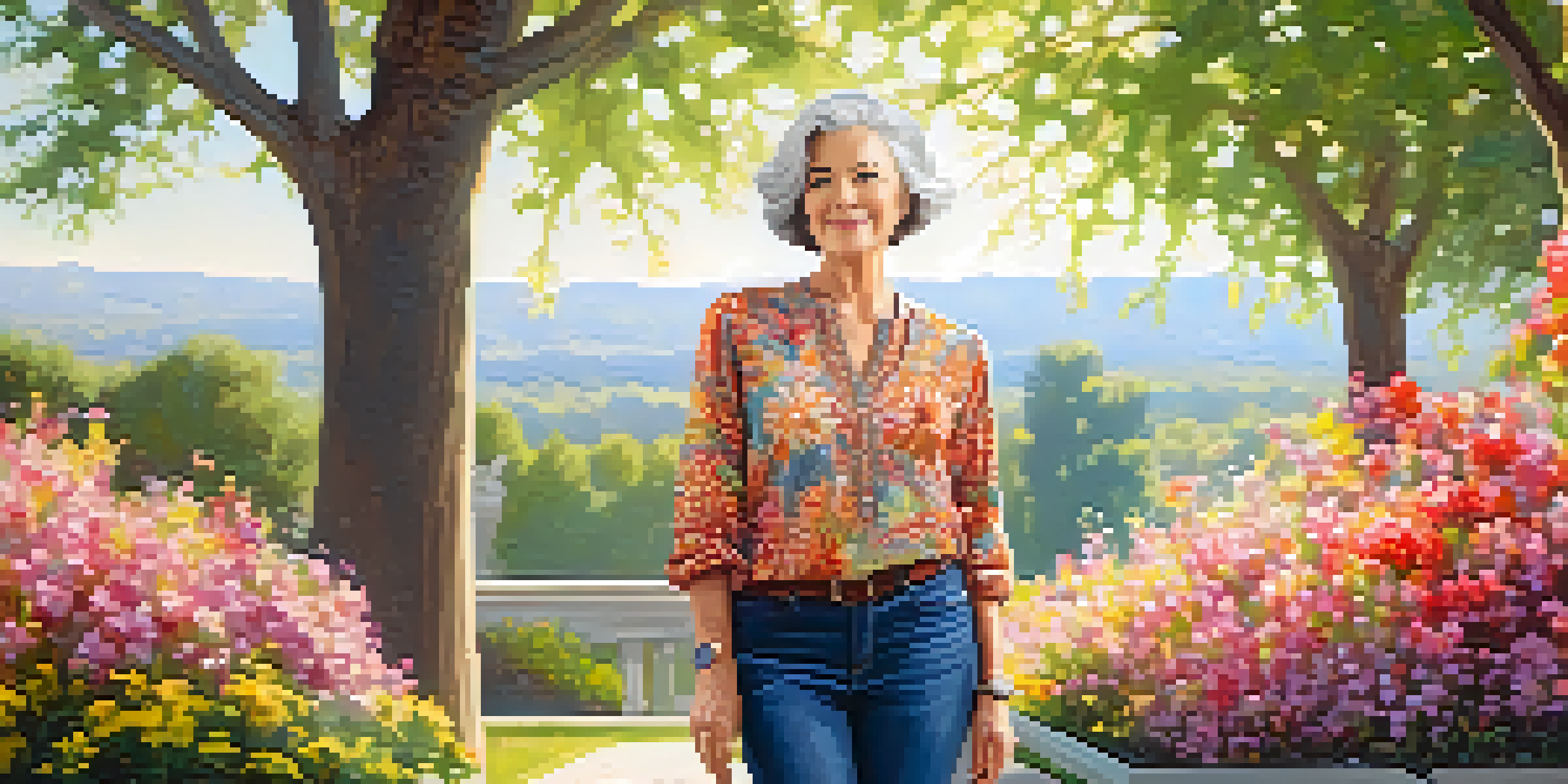 An older woman in a stylish tunic and jeans smiling in a sunny park surrounded by flowers and trees.