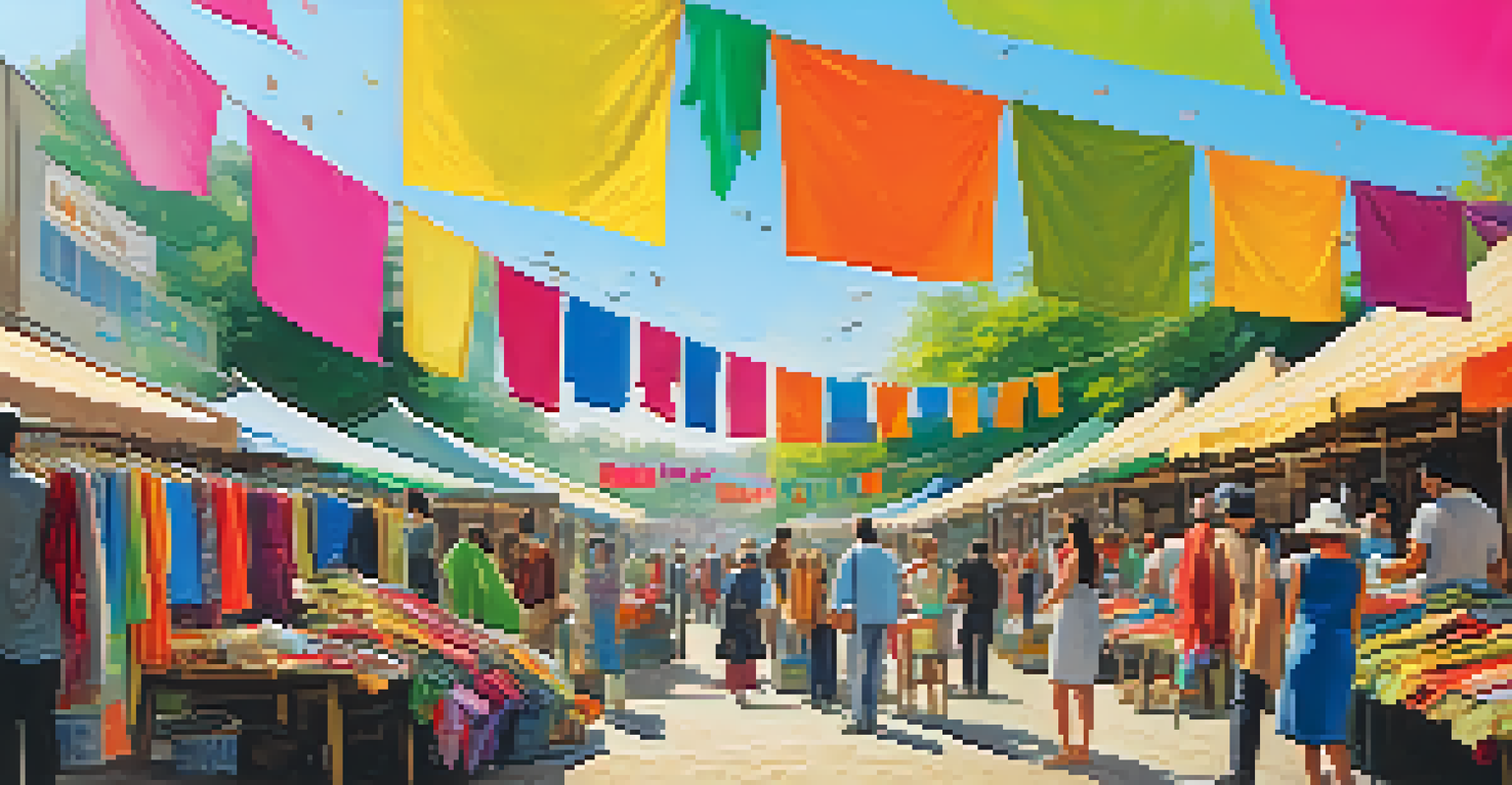 An outdoor market with vibrant displays of second-hand clothes and local shoppers enjoying the lively atmosphere.