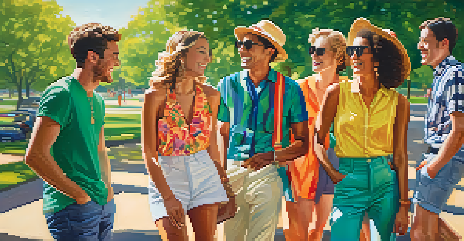 A group of friends in bright summer outfits enjoying a sunny day in a park, laughing and socializing together.