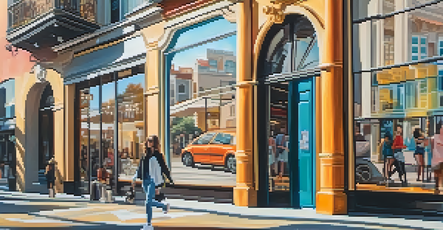 A person in trendy sneakers walks down a vibrant street filled with cafes and colorful murals.