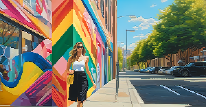 A fashionable young woman walking in an urban setting, showcasing a blend of high fashion and thrifted items against a colorful mural.