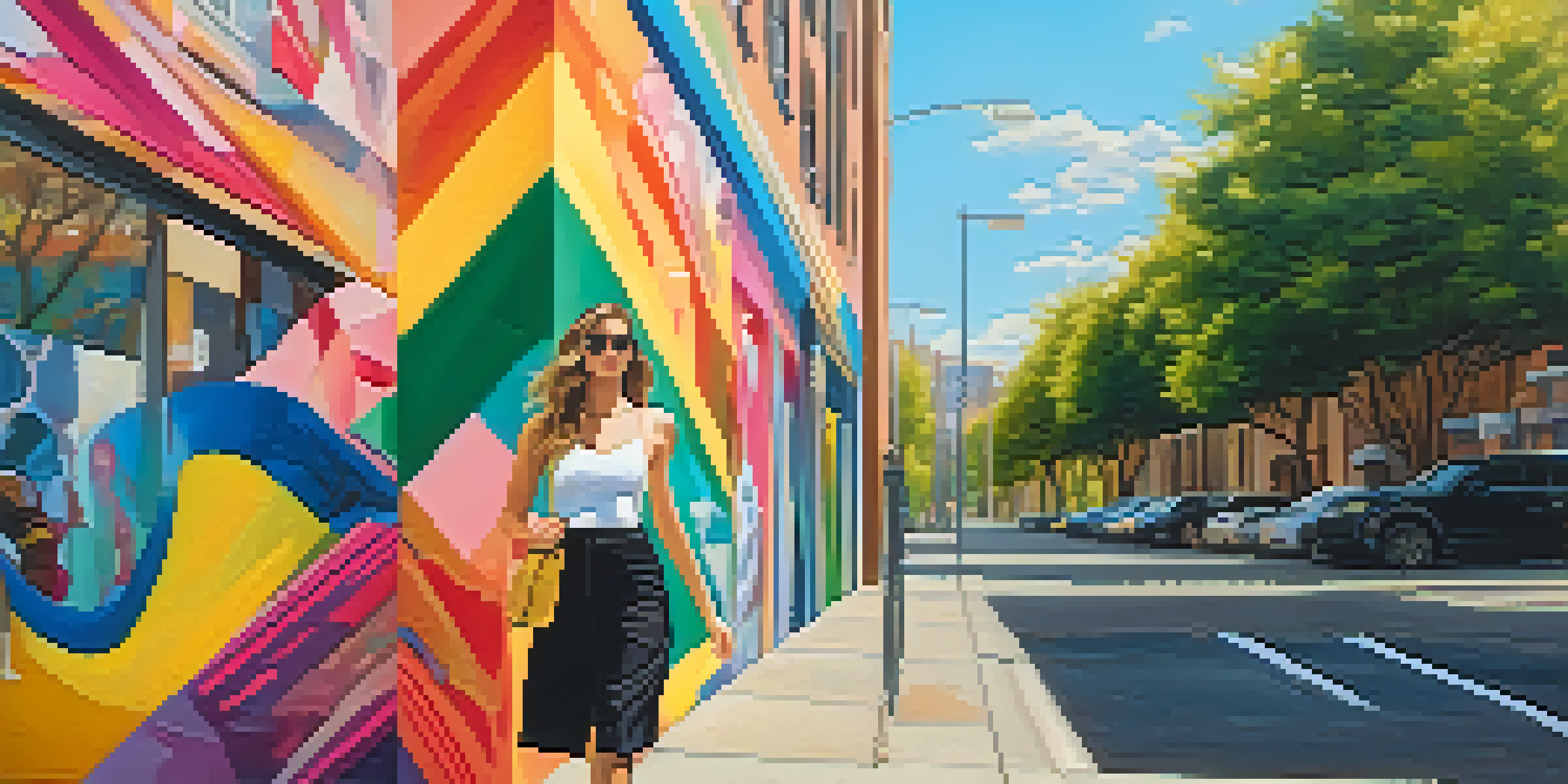 A fashionable young woman walking in an urban setting, showcasing a blend of high fashion and thrifted items against a colorful mural.