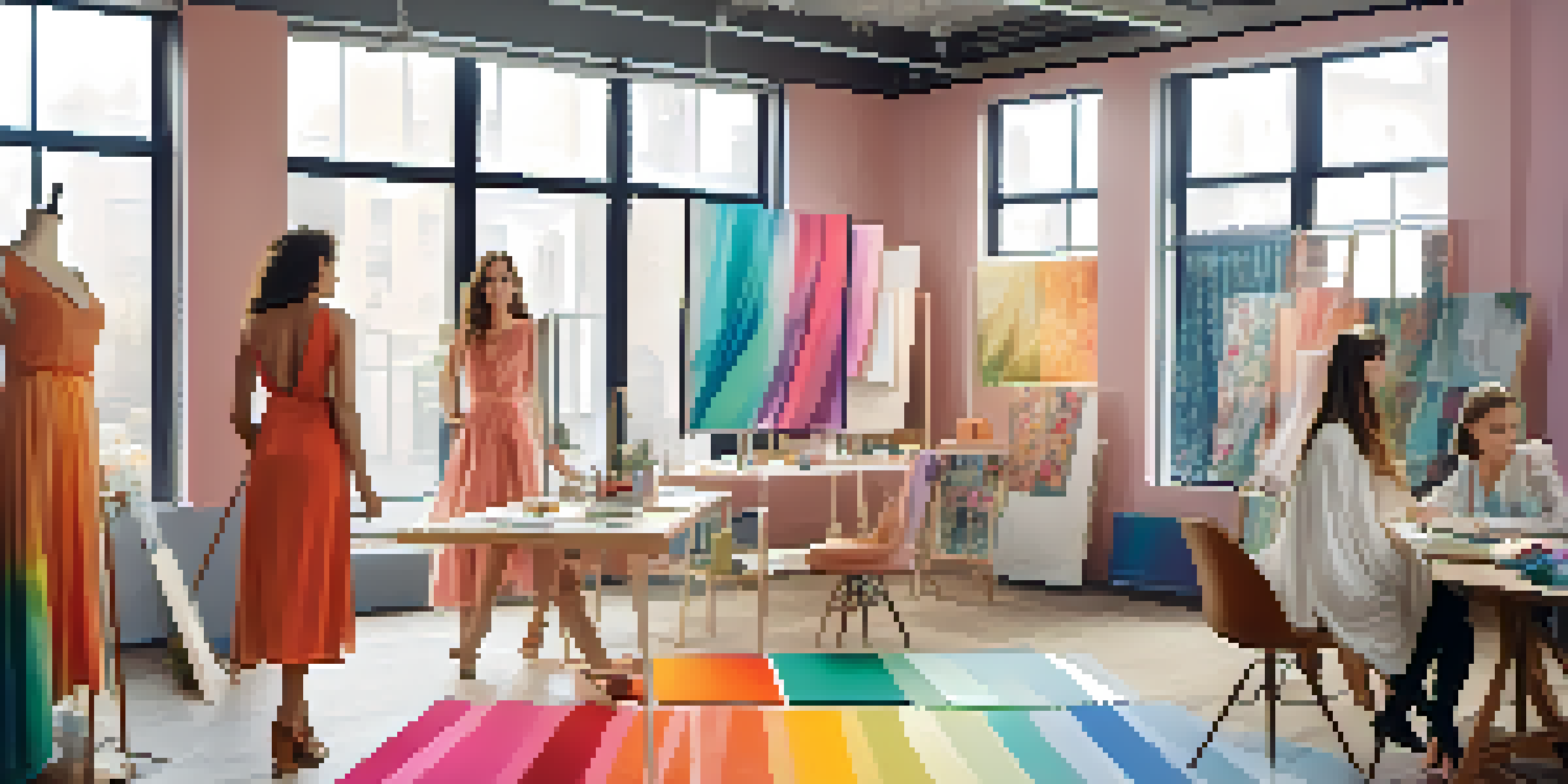 A fashion designer sketching designs in a bright studio filled with fabric swatches and mood boards.